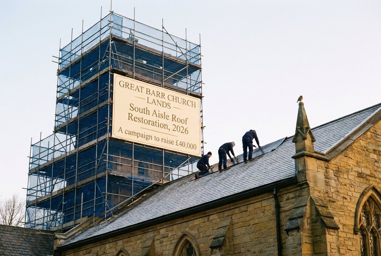 A dawn view of the south aisle roof of St Margaret's, with three roofers dressing new lead-sheathing on a scaffold tower above the south wall.