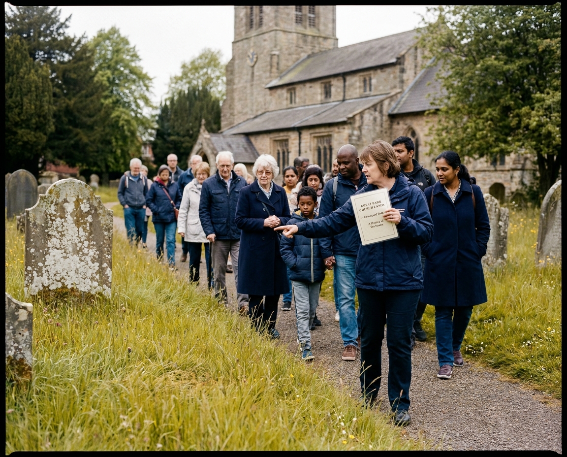 A small group on a churchyard heritage walk along the south path of St Margaret's.