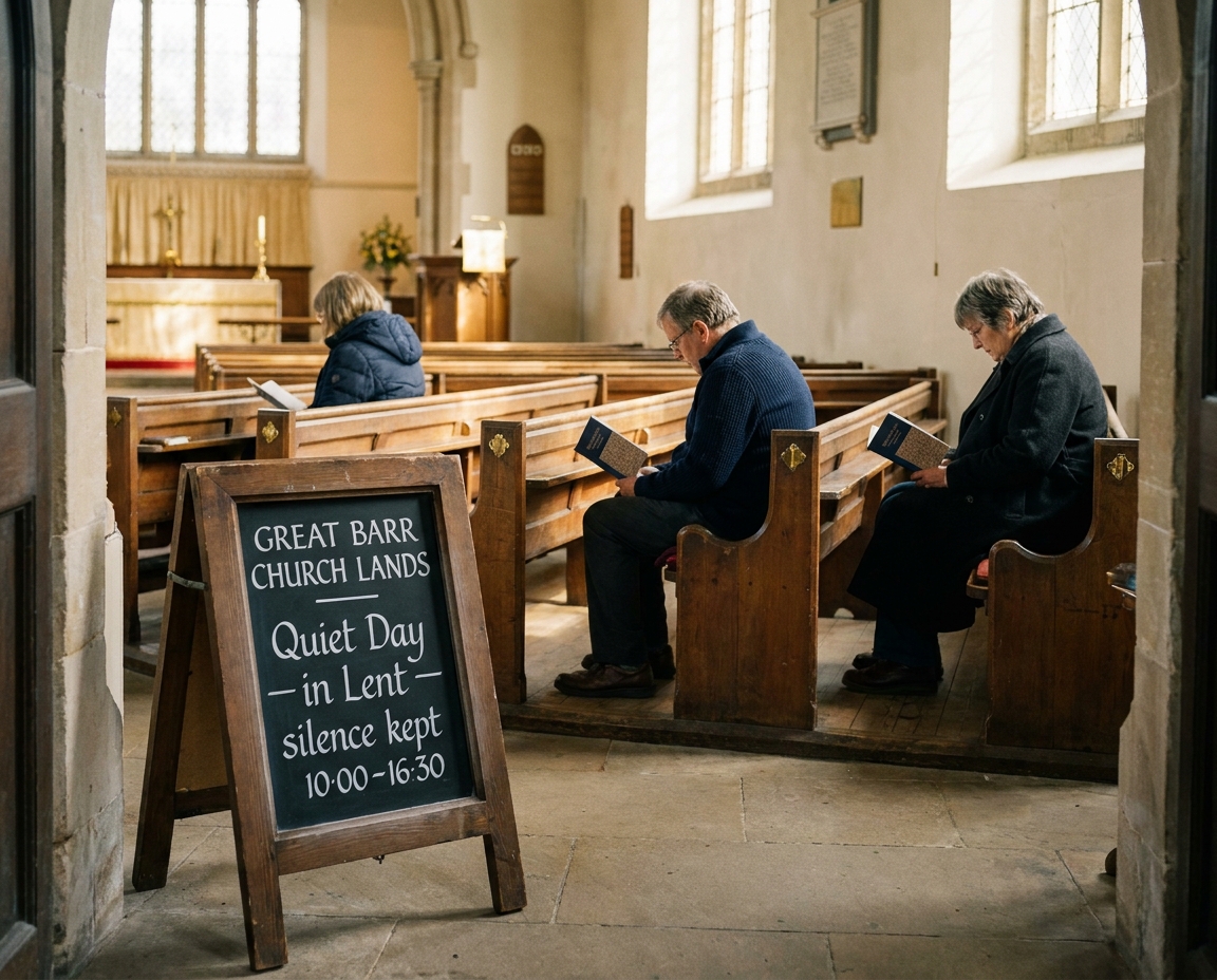 Three people sitting at separate ends of pews holding small booklets during a Lenten Quiet Day.