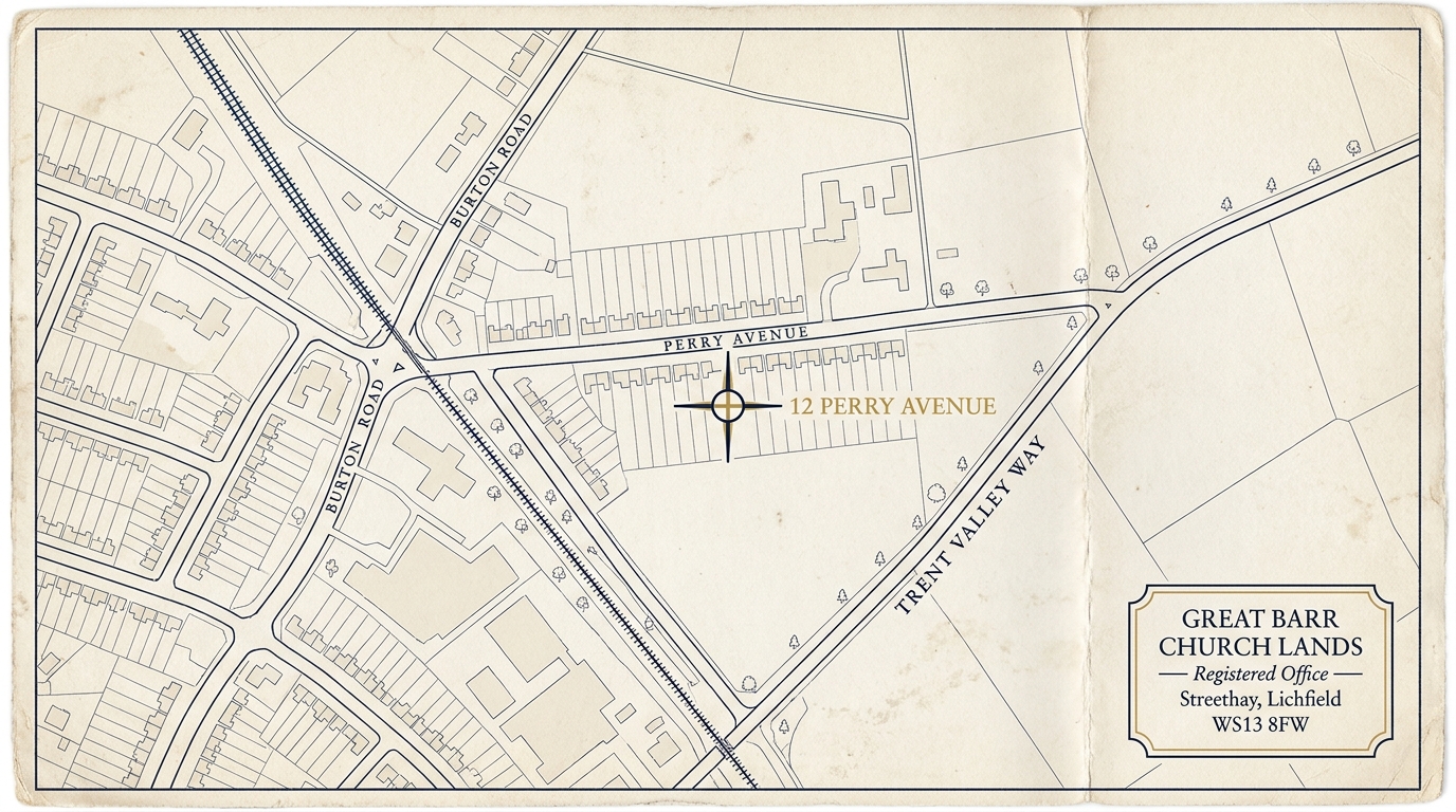 Map showing 12 Perry Avenue, Streethay, on the eastern edge of Lichfield, marked with a crosshair.