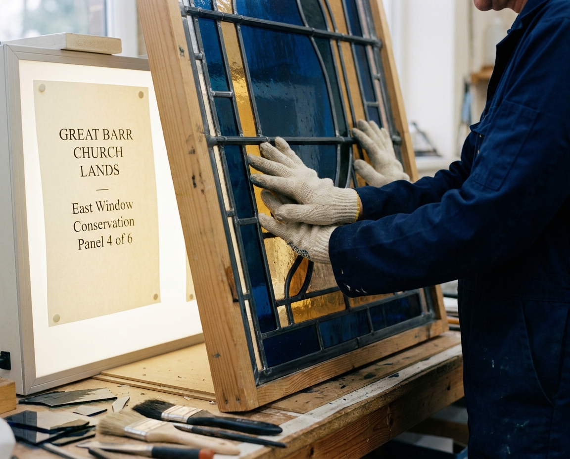 Gloved hands rest against a section of newly-leaded blue and ochre stained glass on a workshop lightbox.