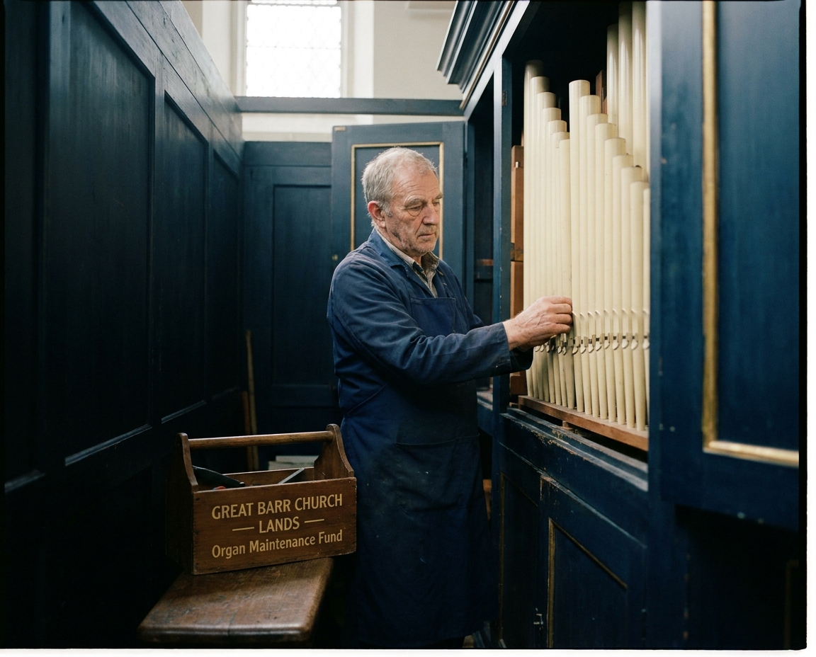 An organ-builder voices a rank of pipes inside the swell-box of the parish organ.