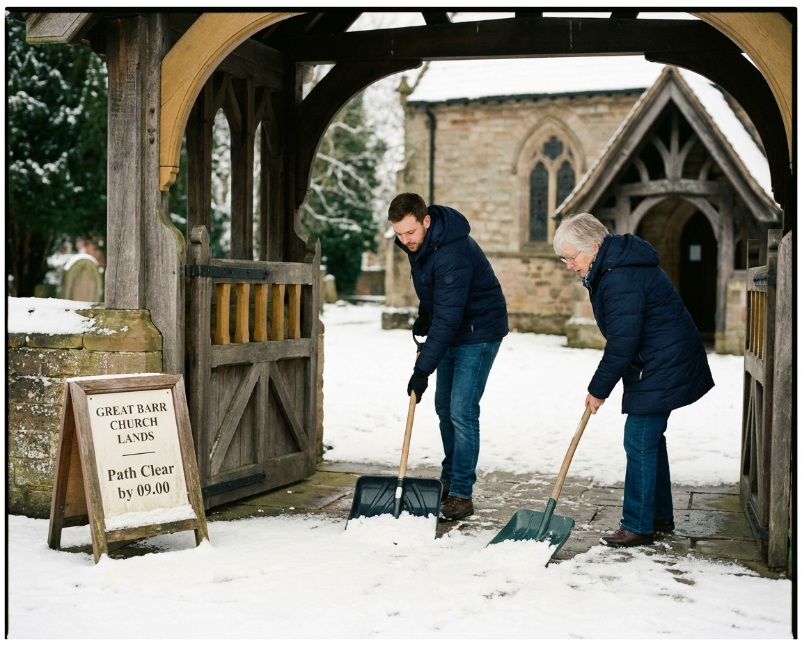 Two volunteers shovelling snow from the path between the lych-gate and the south porch.
