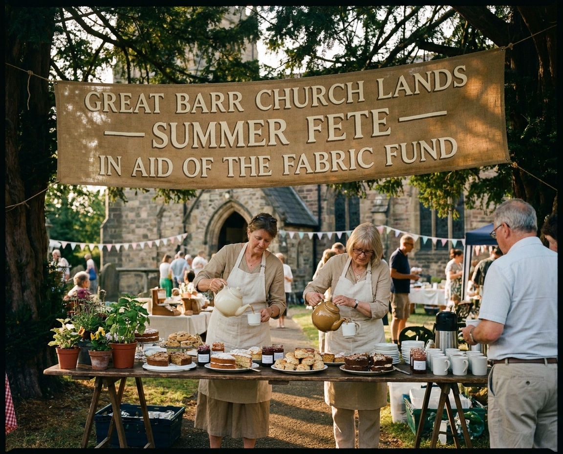 A long hessian banner over a trestle of cakes at the summer fete in the churchyard.