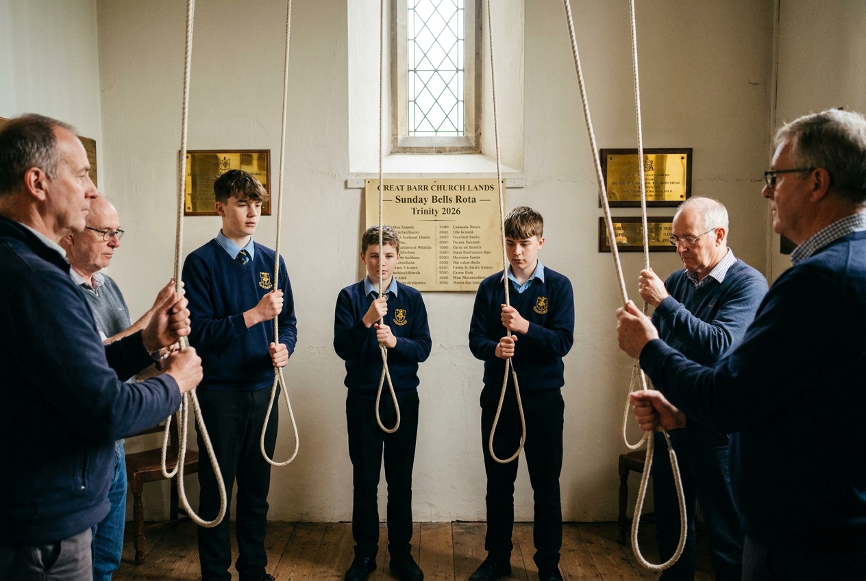 Six bell-ringers in the ringing chamber of St Margaret's tower.