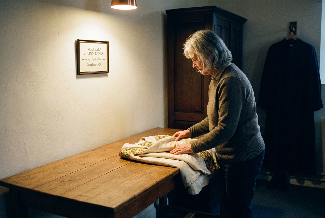 Soft conservation lighting falls across a folded chasuble in the vestry of St Margaret's.