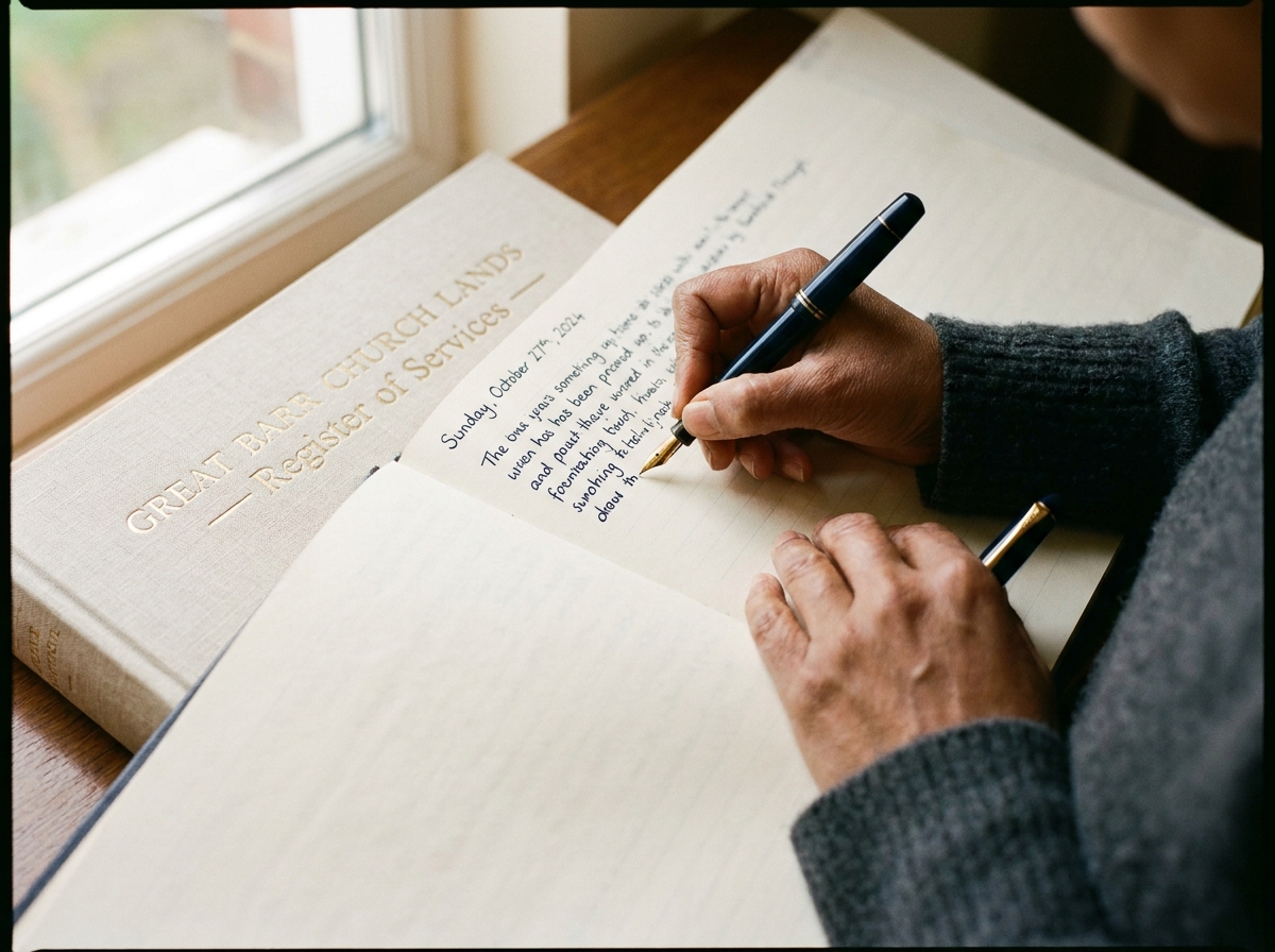 The parish clerk's hands writing the day's service entry in longhand into a bound linen-covered register.