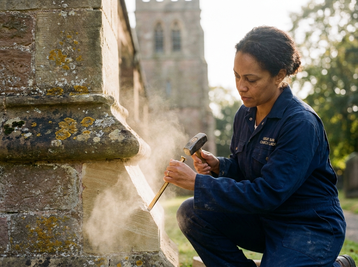 A stonemason at the south wall of St Margaret's dressing a freshly cut quoin with a fine chisel.