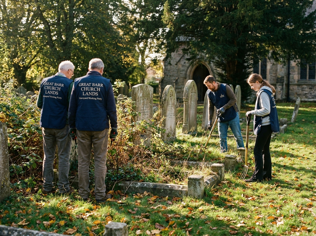 A small Saturday working party clearing brambles from kerb-set headstones in the south-east corner of the churchyard.