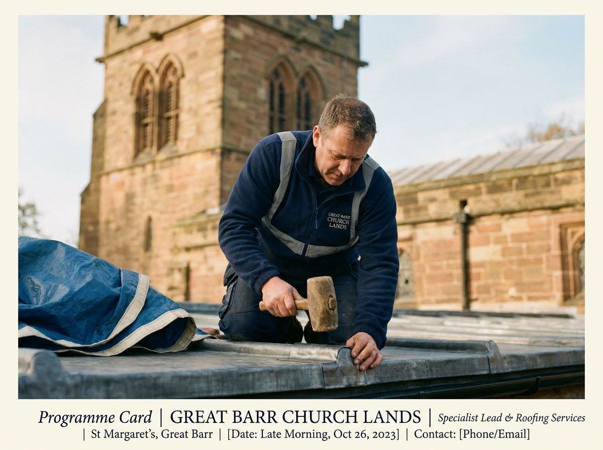 A specialist roofer dressing a bossed leadwork lap on the lower edge of the south aisle roof of St Margaret's, with the tower behind.