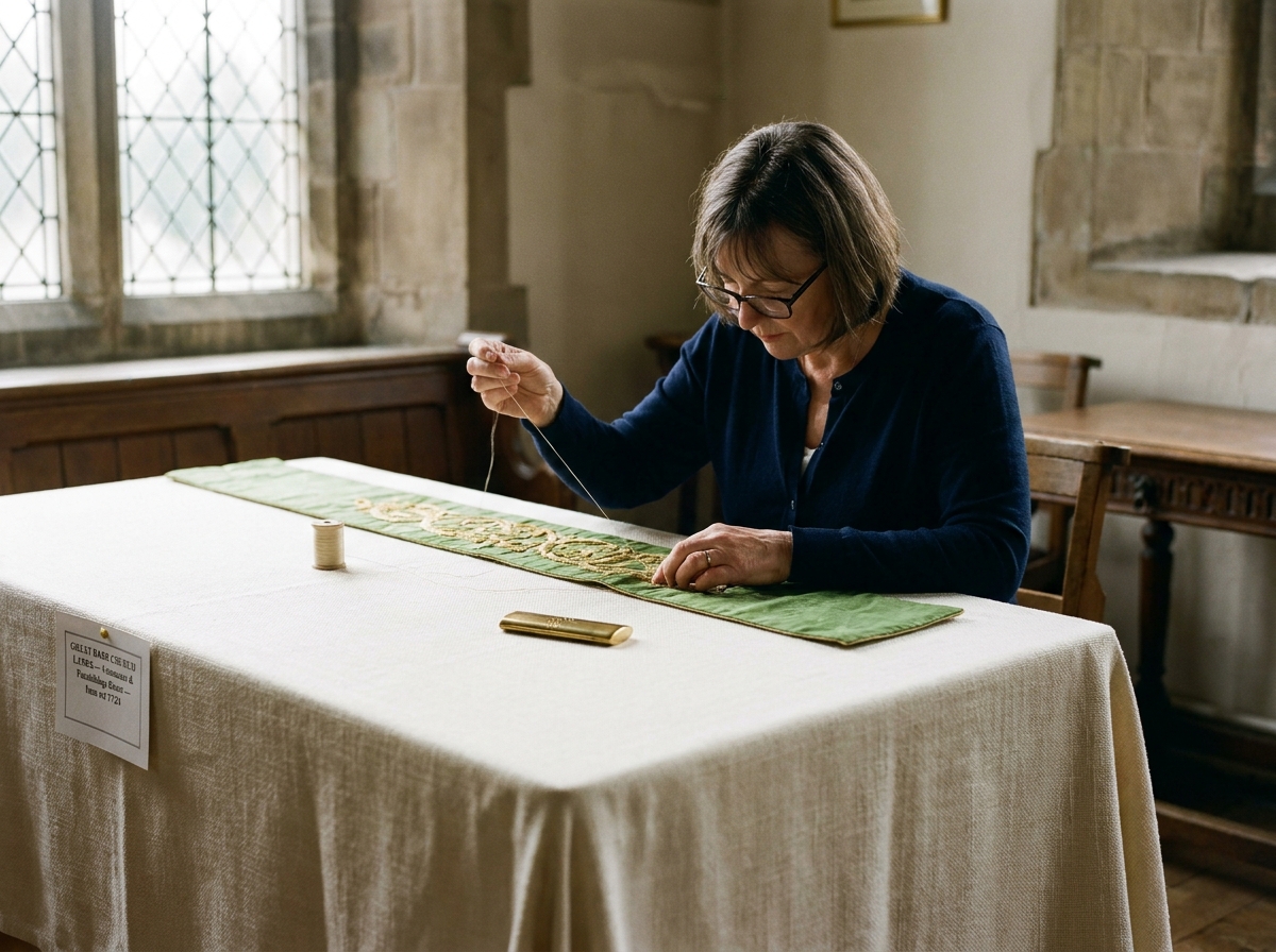 A textile conservator repairing the orphrey on a green silk Pentecostal frontal under soft north-facing light.