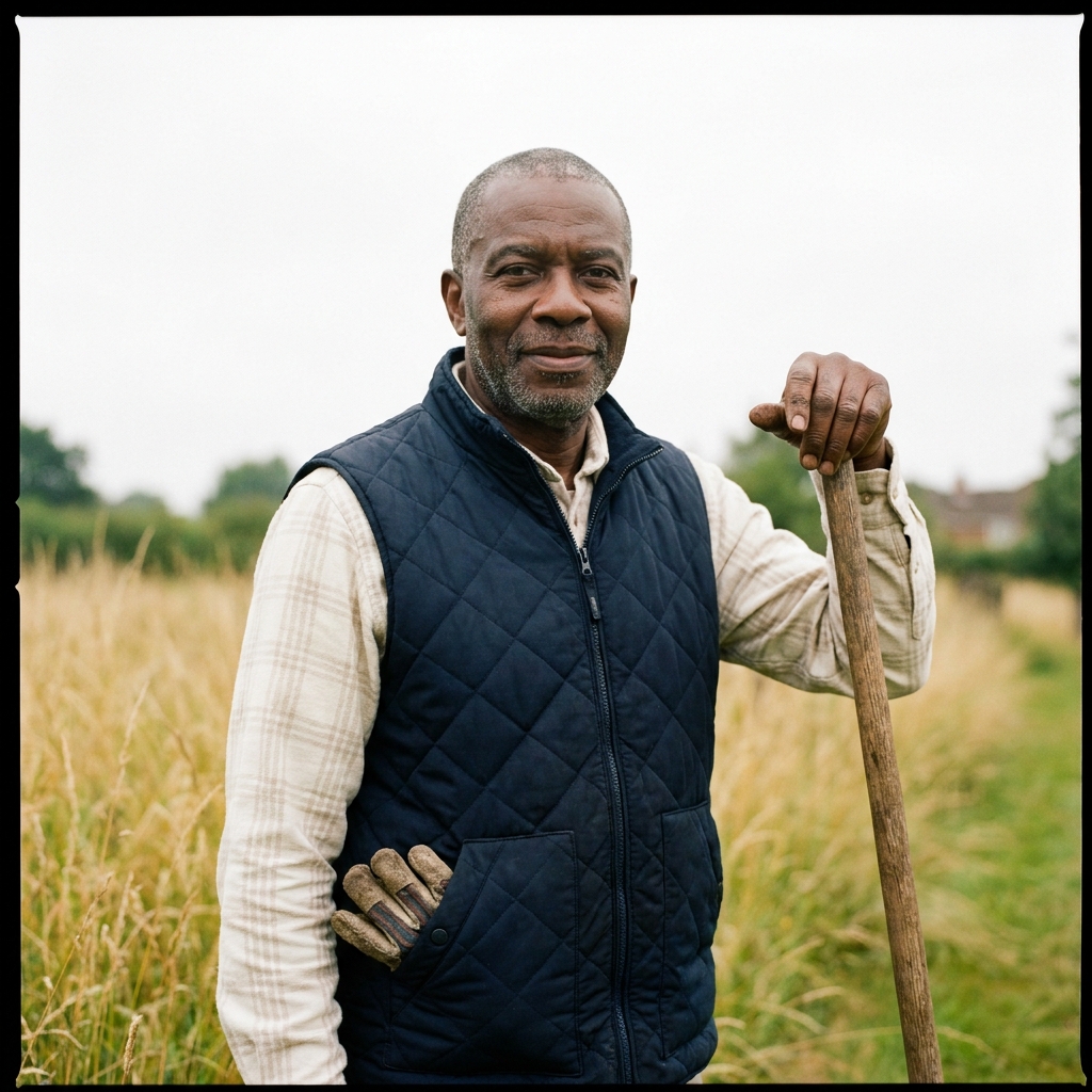 Edward, 64, retired bus driver in a navy gilet, at the edge of the long-grass meadow strip in the churchyard.