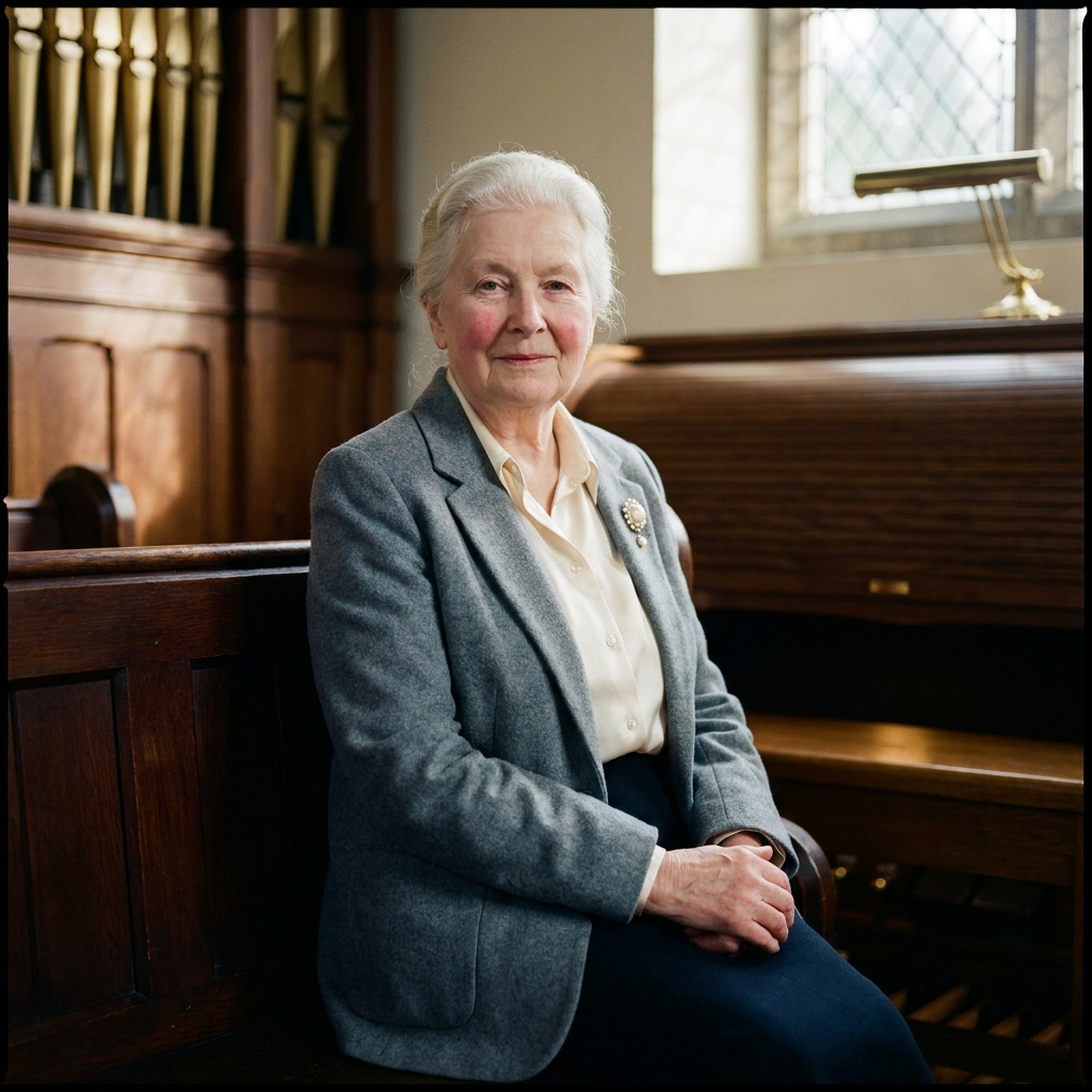 Irene, 83, in a cream silk blouse and pearl brooch, seated at the organist's bench at St Margaret's.