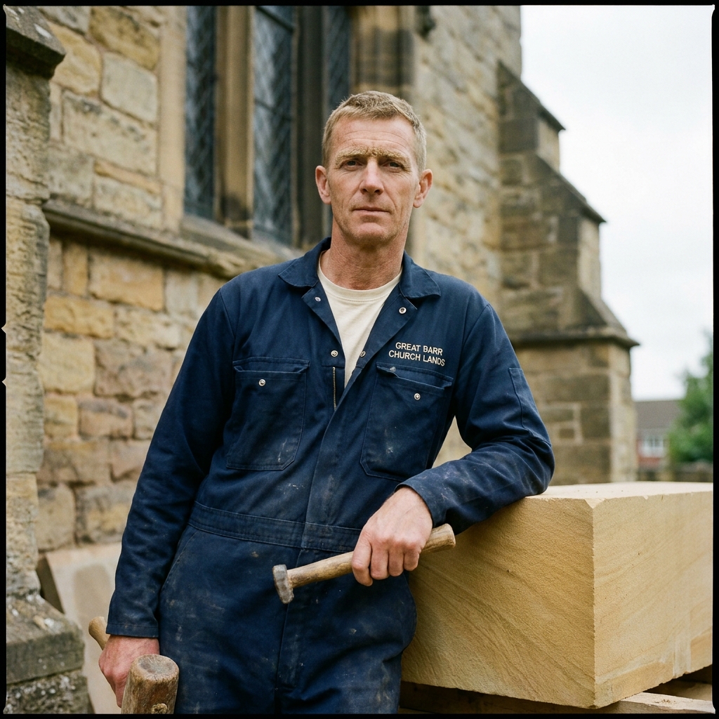 James, 52, journeyman stonemason in a navy boilersuit, against a freshly dressed Hollington sandstone block.
