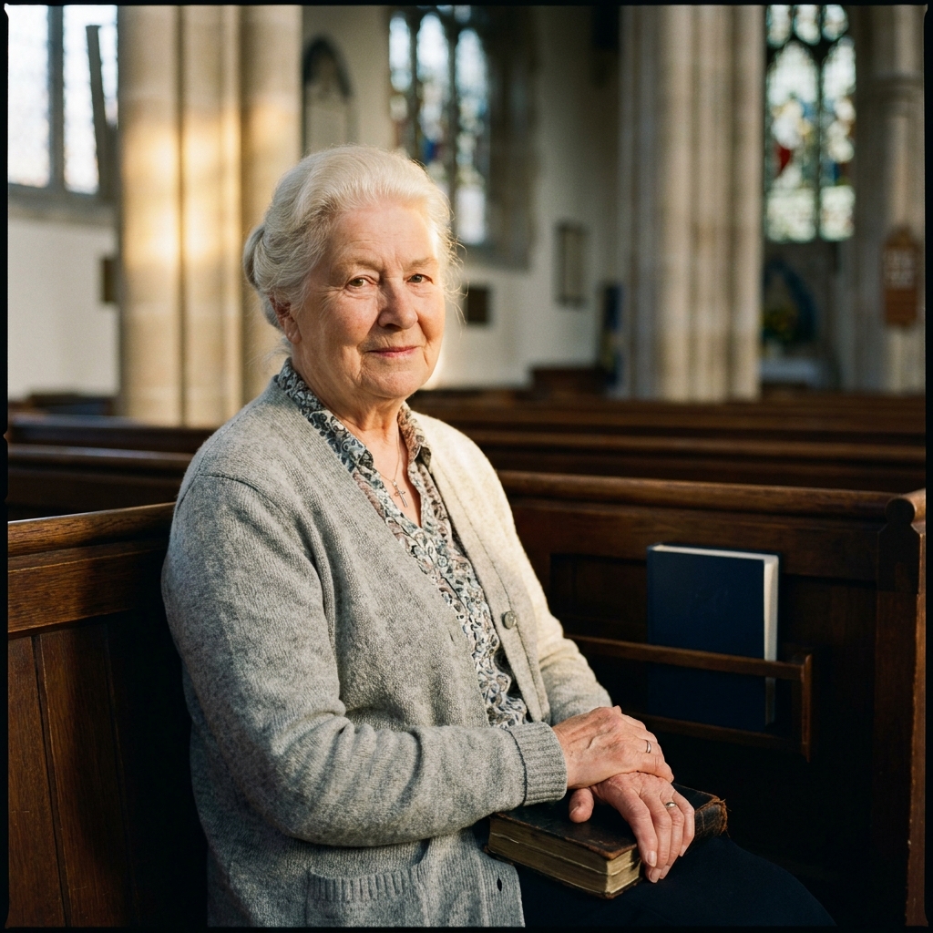 Margaret, 78, white hair, grey cardigan, seated in a pew at St Margaret's.