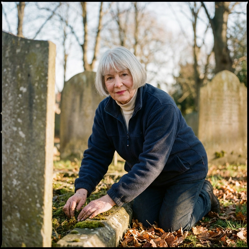 Pauline, 71, retired district nurse, kneeling between two limestone headstones in the south-east corner.