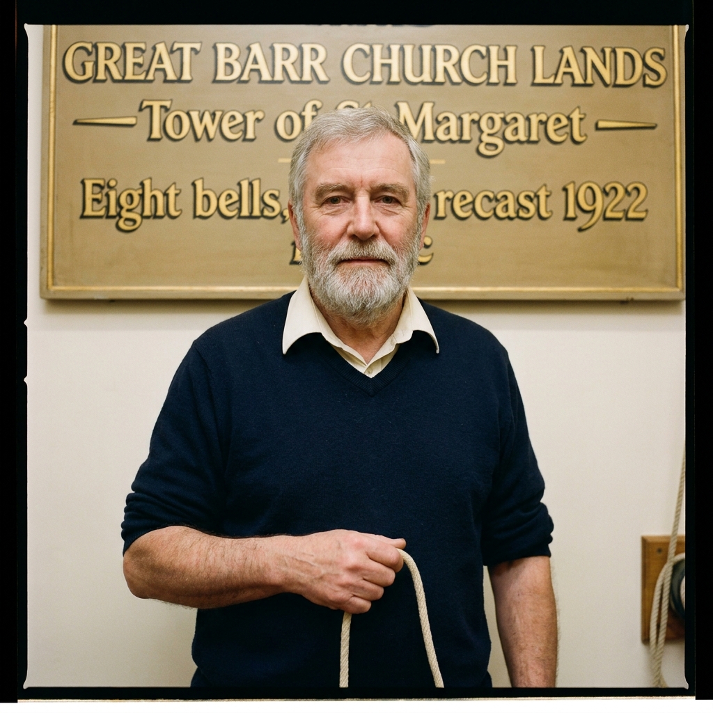 Thomas, 67, retired engineer, in a navy V-neck jumper, holding a sally rope in the ringing chamber.