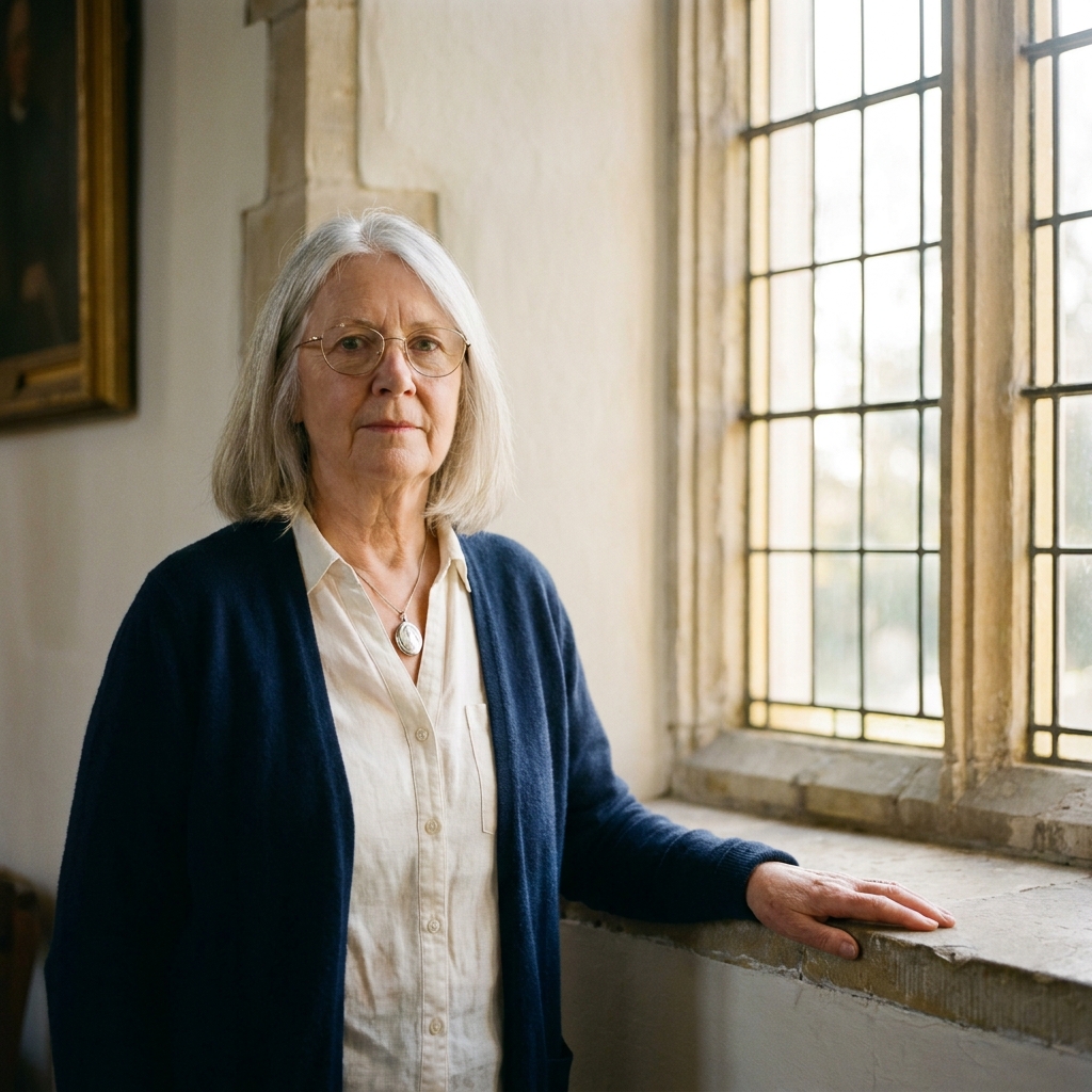 Portrait of June Aubrook by the leaded south window, in a navy cardigan.