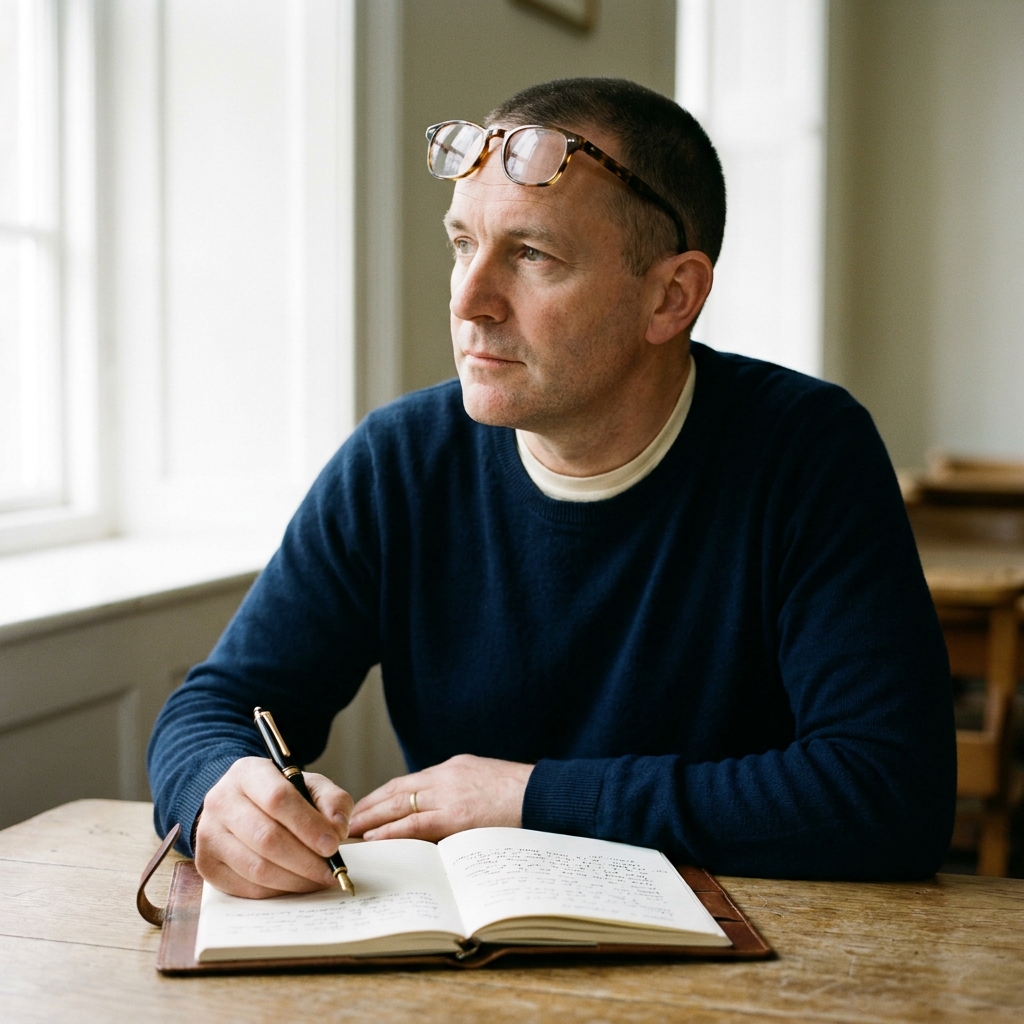 Portrait of Matthew Hardy at the parish-room table with an open notebook and a fountain pen.