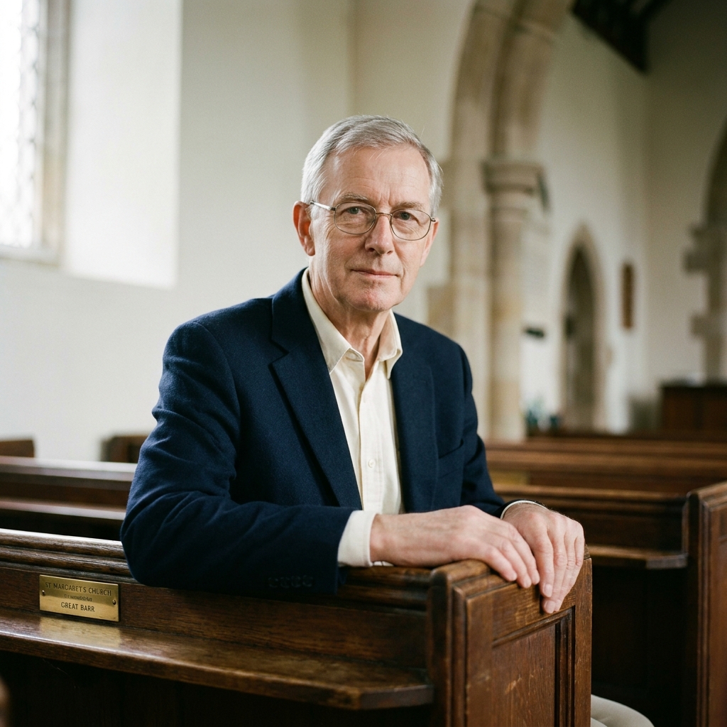 Portrait of Mark Howell at the end of an oak pew, in a navy blazer.