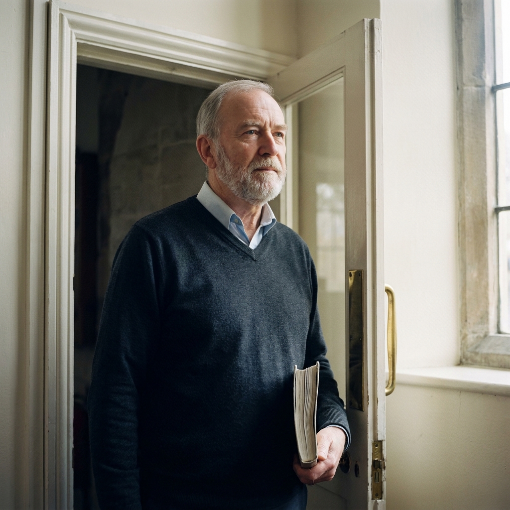 Portrait of Christopher Pritchard at the door of the parish room, in a charcoal jumper.